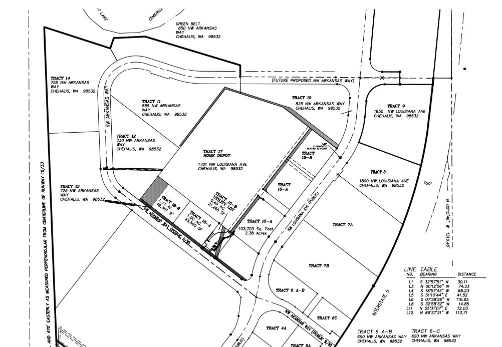 The proposed Panda Express will be located in Tract 18-A on NW Arkansas Way in this city survey map. The land vacated by the City of Chehalis to help facilitate construction of a new intersection at NW Arkansas Way and NW Louisiana Avenue once the Interstate Honda dealership is open is located just above Tract 9, where the dealership will be.